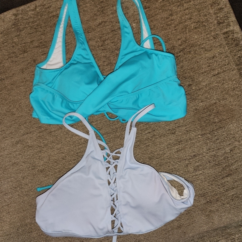 2 PINK Victoria's Secret SexLight Blue Lace-Up Bikini Top & Turquoise Bikini Top